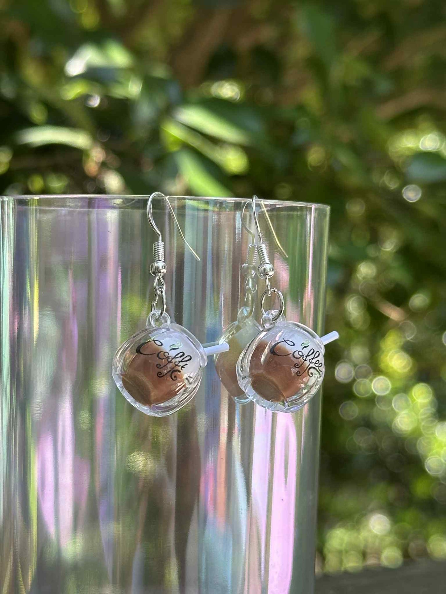 Mini coffee cup dangle earrings – café-inspired resin jewelry for boutiques and coffee-themed gifts.