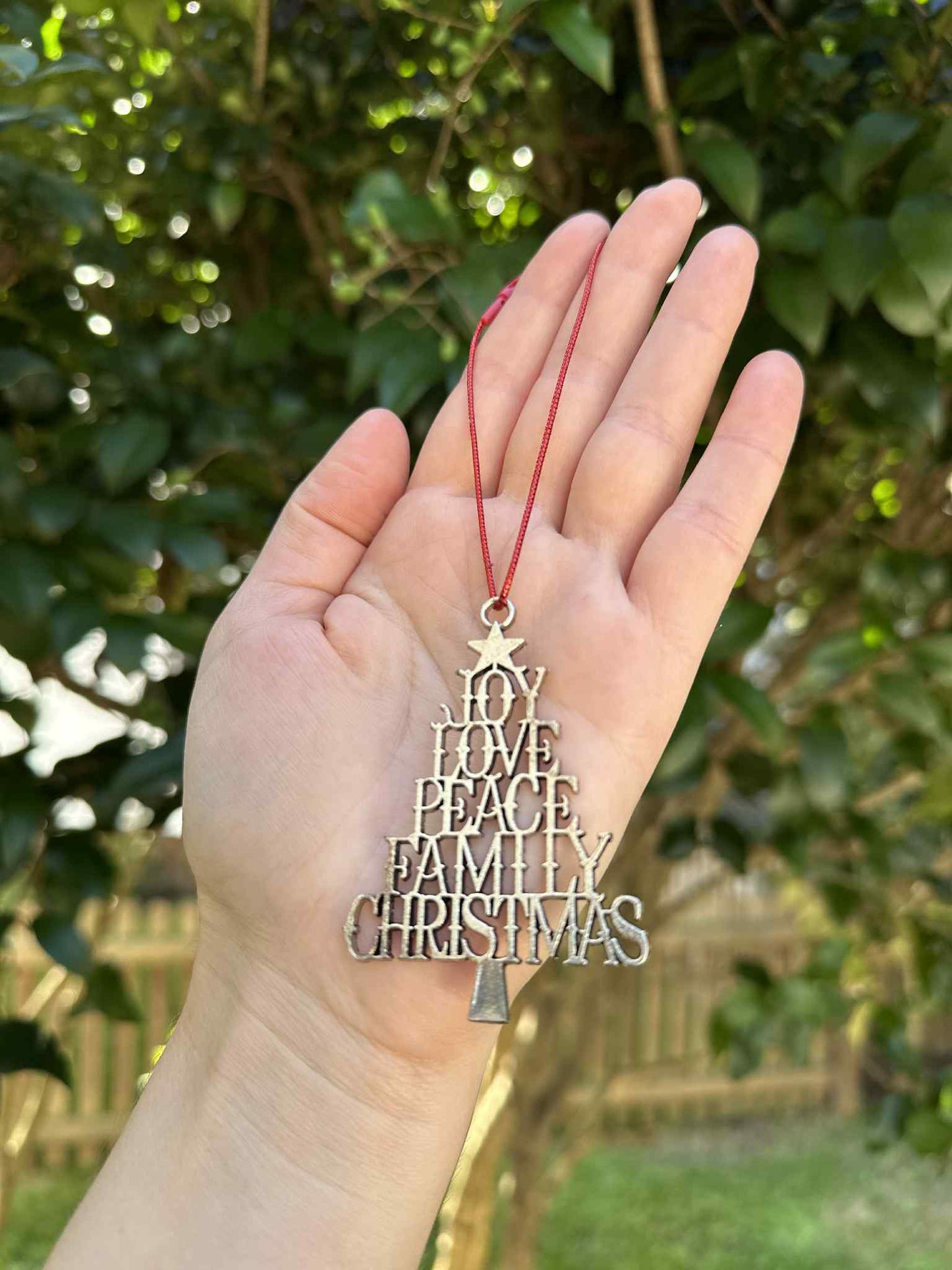 Hand holding a Christmas ornament with 'Joy Love Peace Family Christmas' text against a green outdoor background.