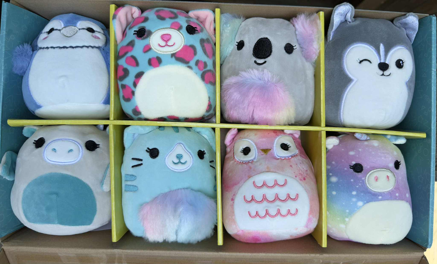 Collection of colorful plush toys in a grid on a blue background