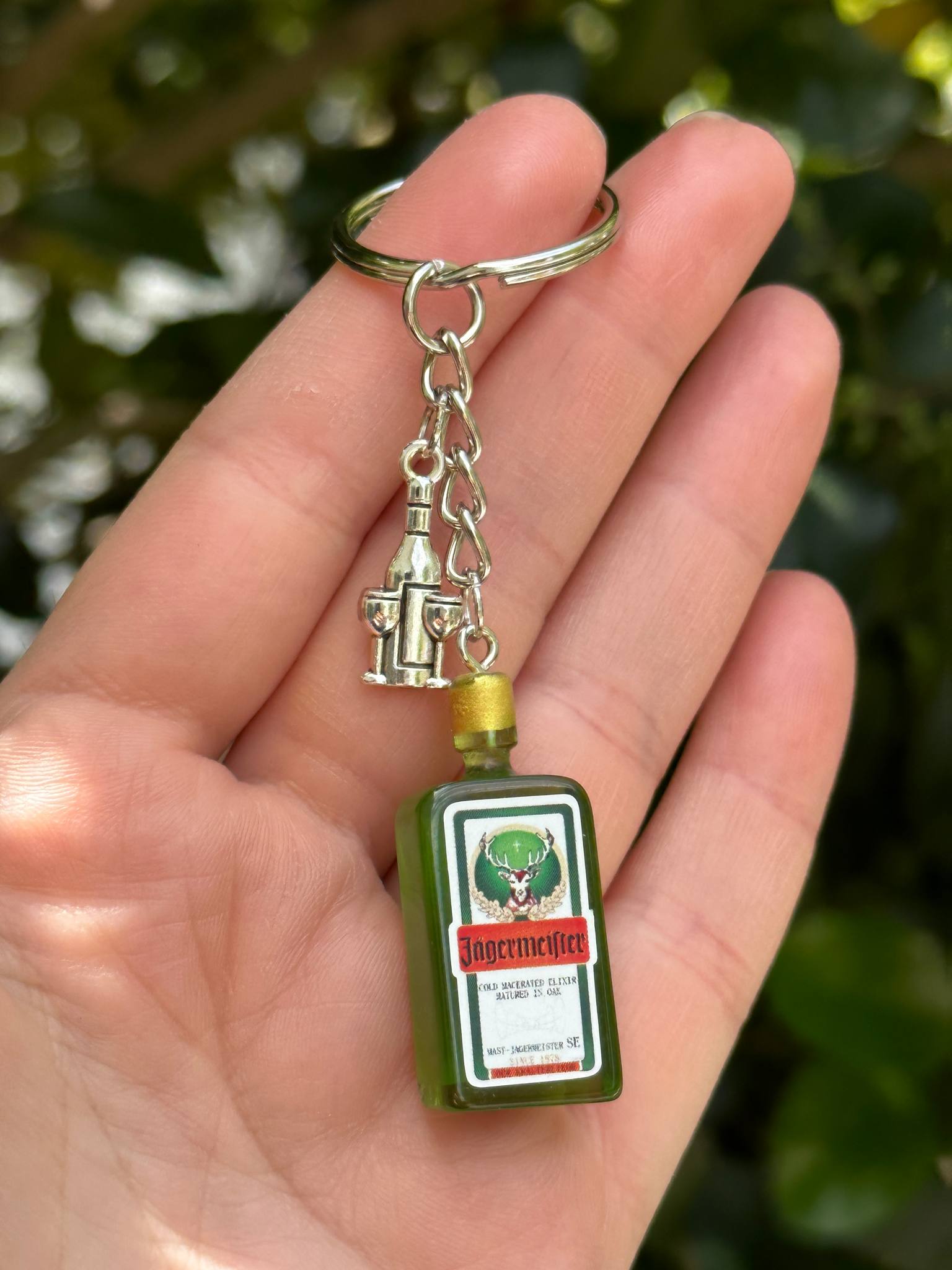 mini Jägermeister keychain with cocktail glass charm for liquor lovers