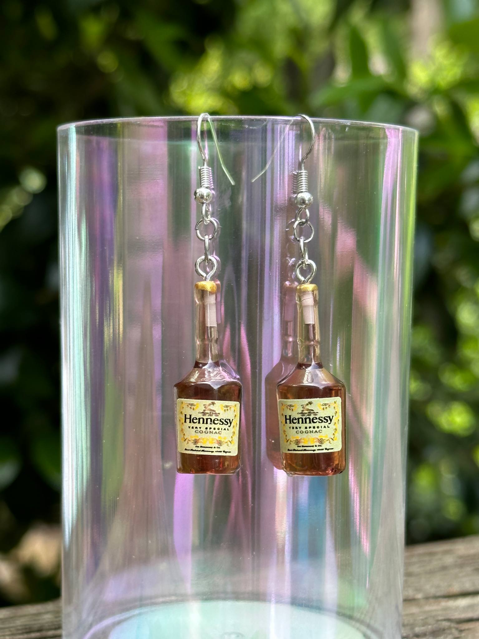 mini Hennessy cognac bottle earrings resin handmade dangle jewelry