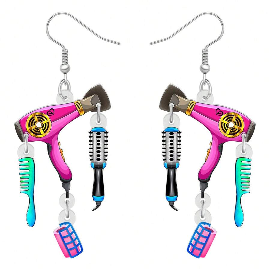 Fun Acrylic Hairdryer Set Earrings – Drop Dangle Jewelry Charms for Women, Girls, and Party Favors"