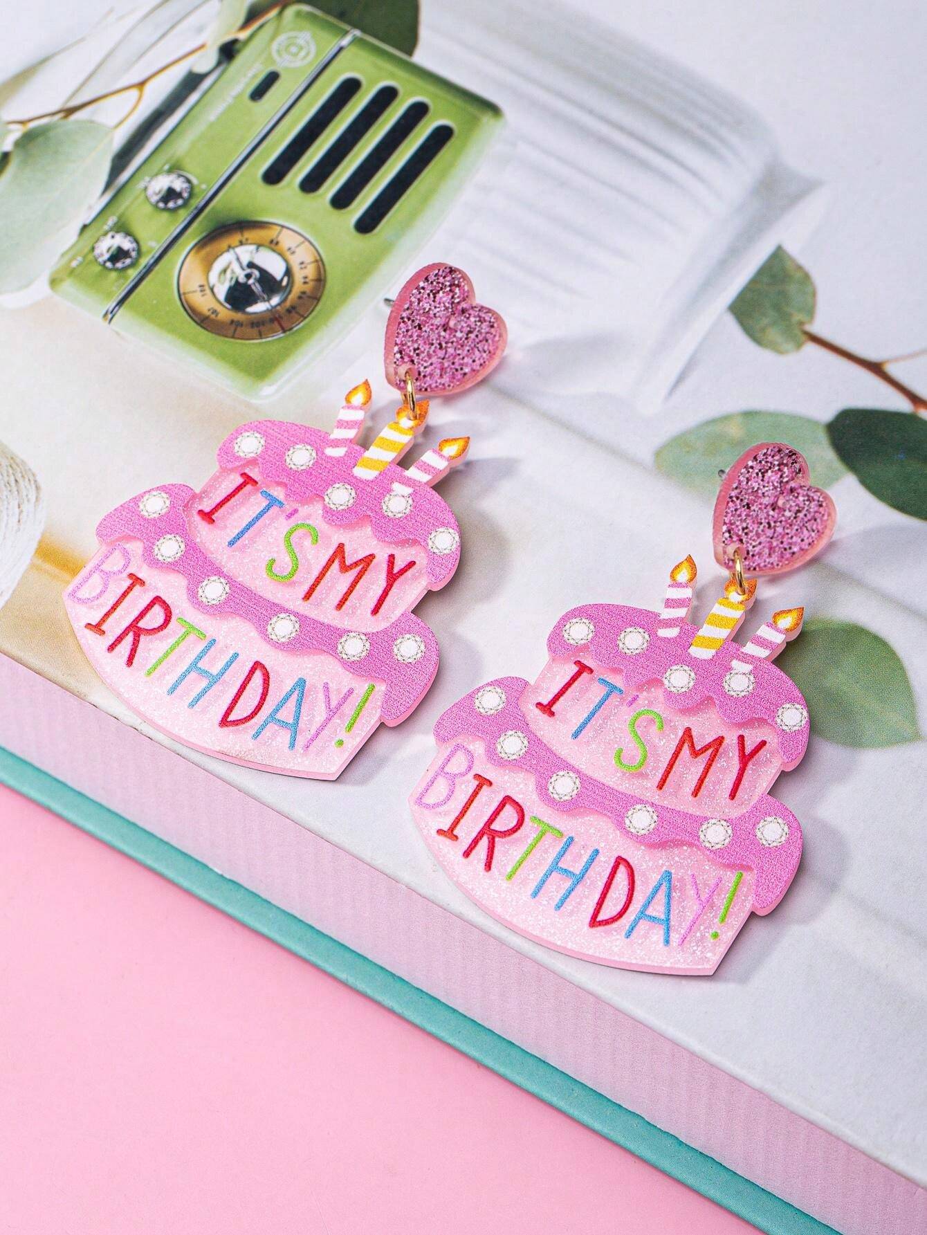 Handmade Acrylic Birthday Cake Candle Earrings – Unique Women's Gift with Printed Letter Design