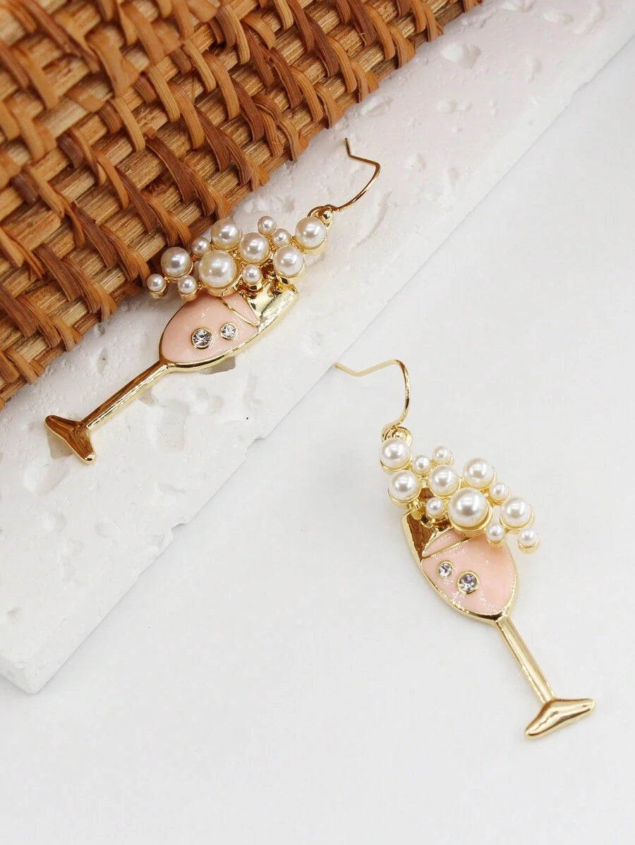 Elegant Retro Pearl and Crystal Wine Glass Earrings – High-End Rhinestone Fashion Jewelry