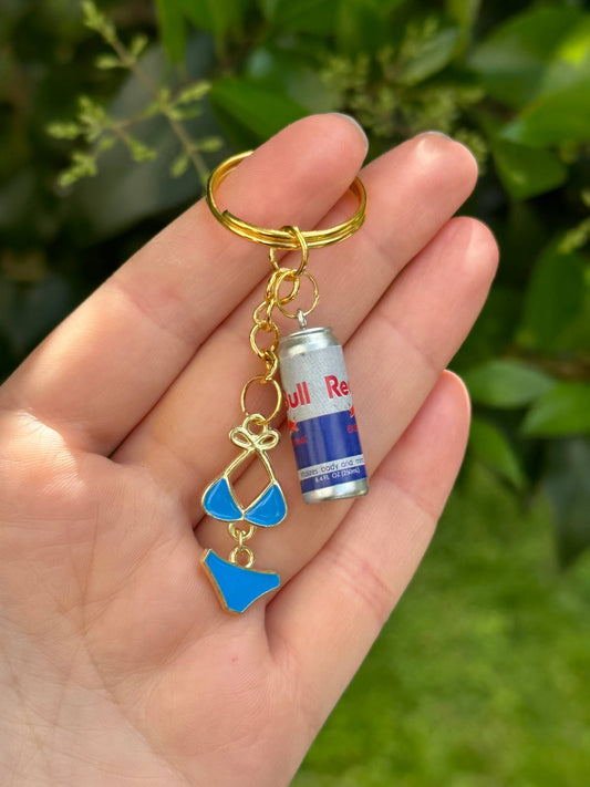 red bull and blue bikini charm keychain for party and energy lovers
