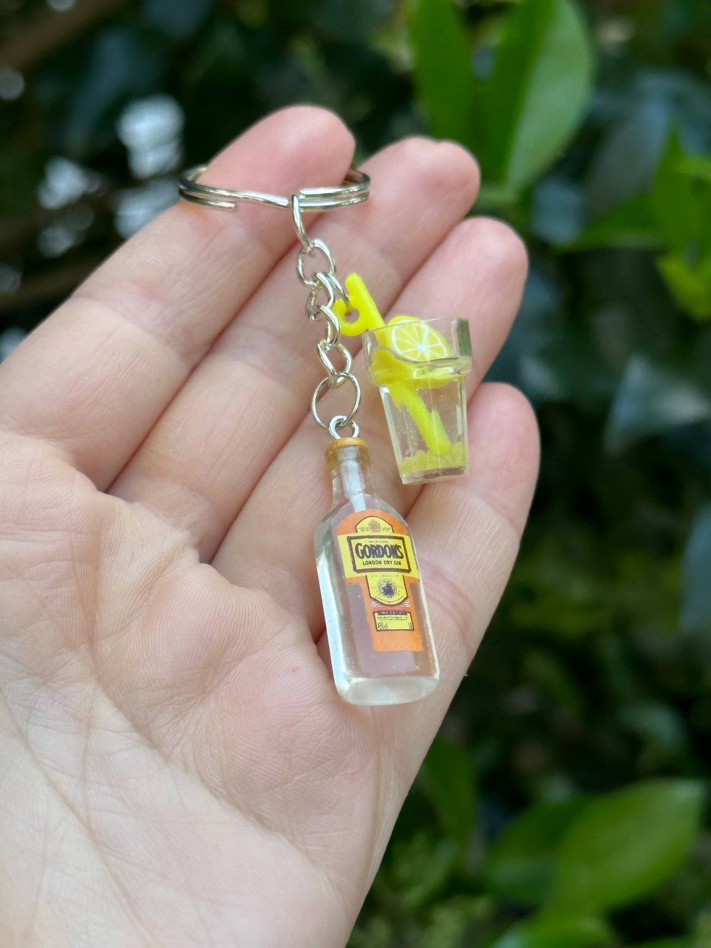 mini Gordon’s gin bottle keychain with drink cup charms novelty gin gift