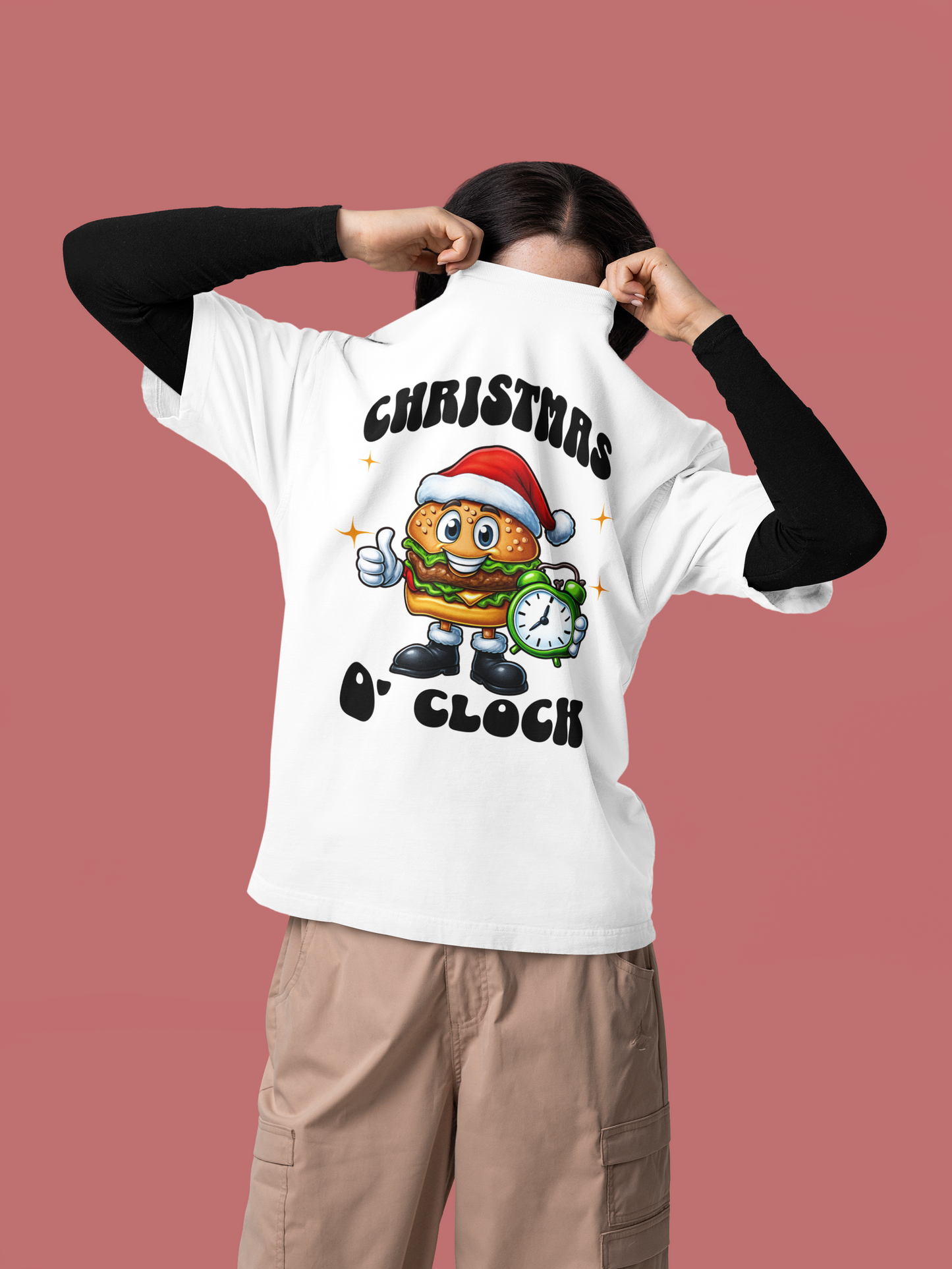 Christmas O'Clock T‑Shirt, Funny Santa Burger Holiday