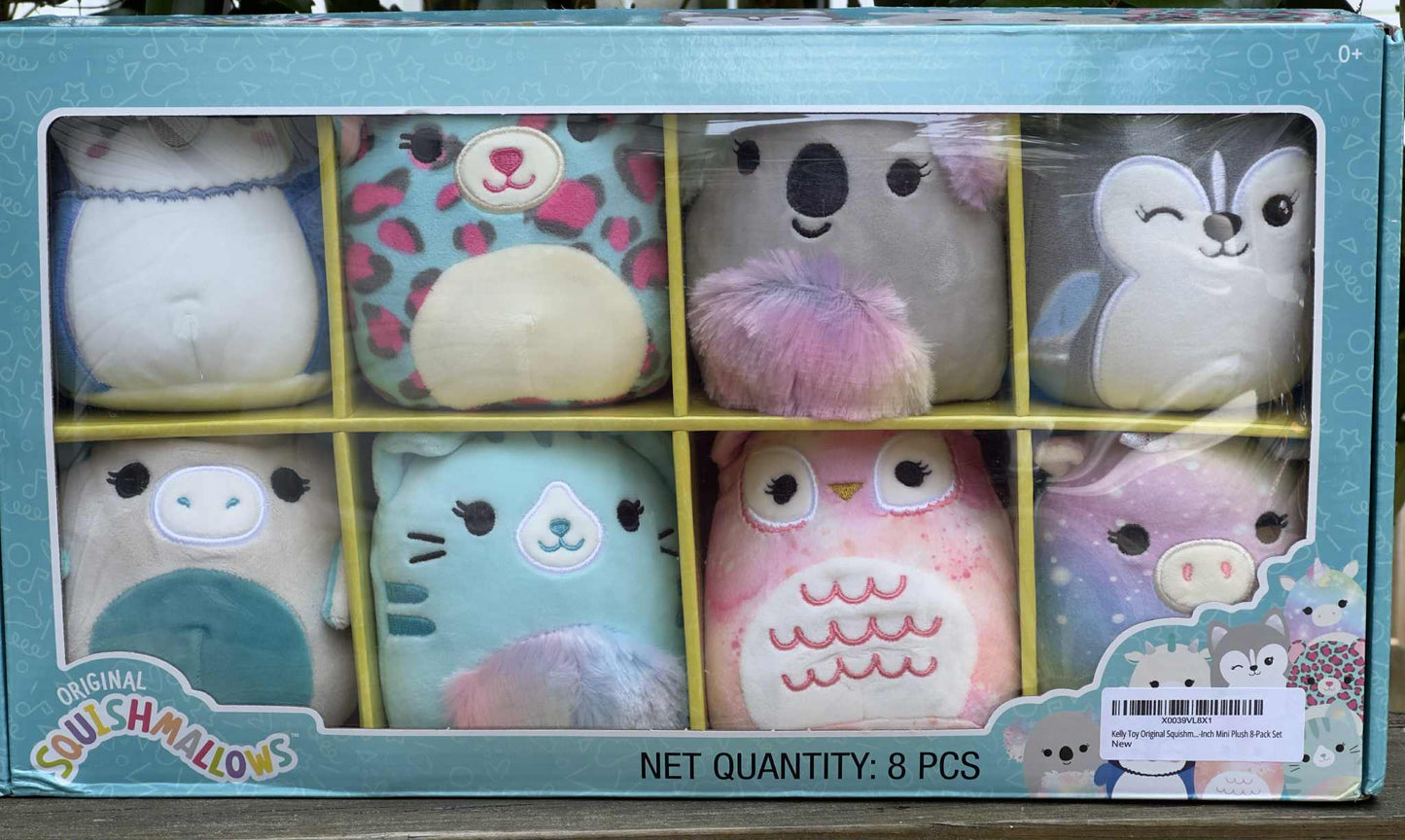 Box of Squishmallows plush toys with various characters displayed.