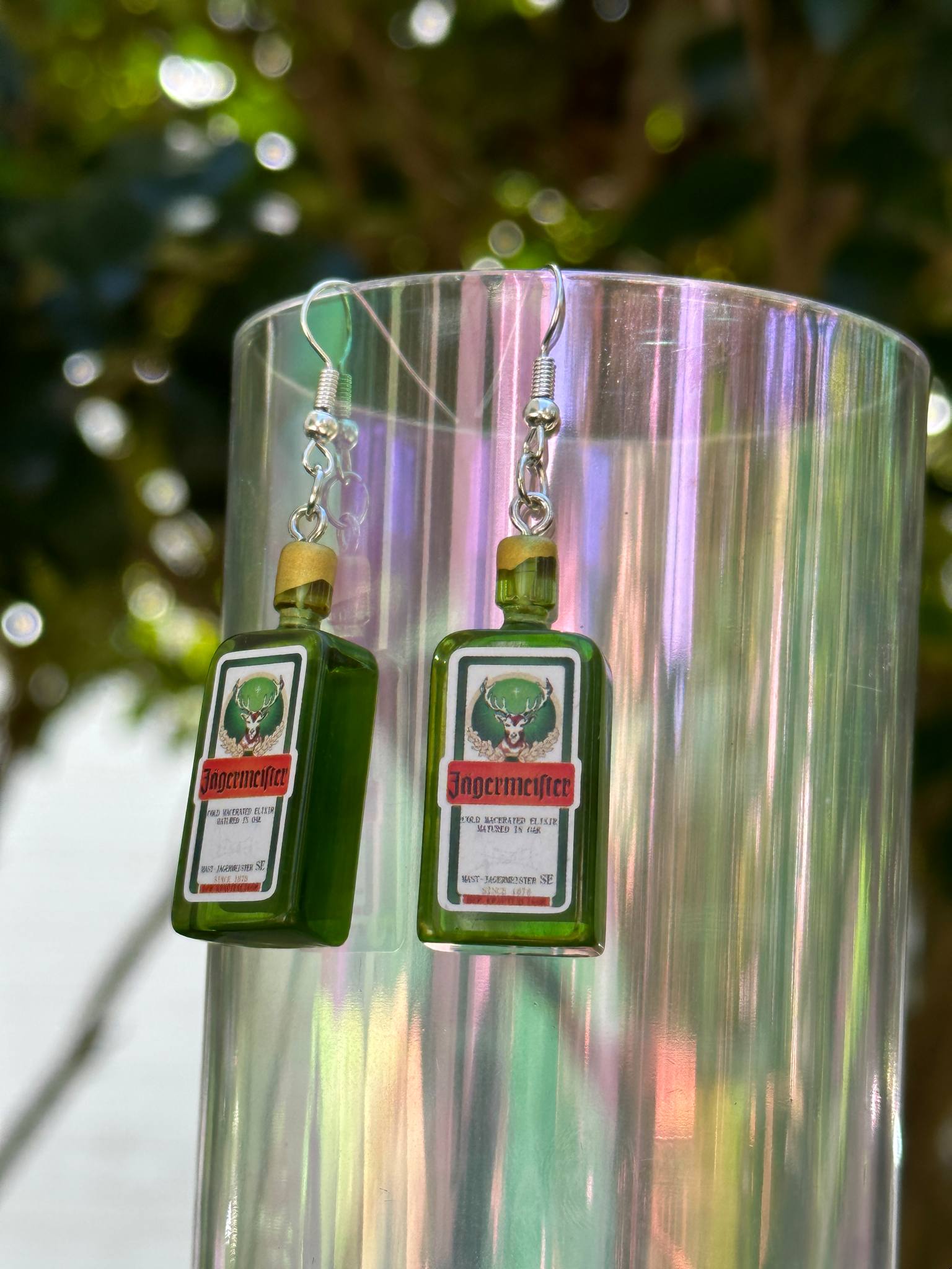 mini Jägermeister bottle earrings resin handmade jewelry for party lovers