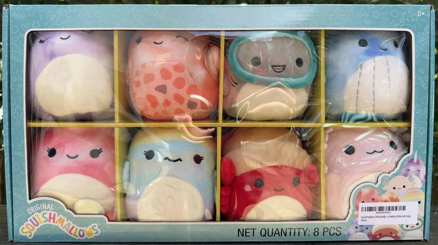 Box of Squishmallows toys with various characters in a grid layout.