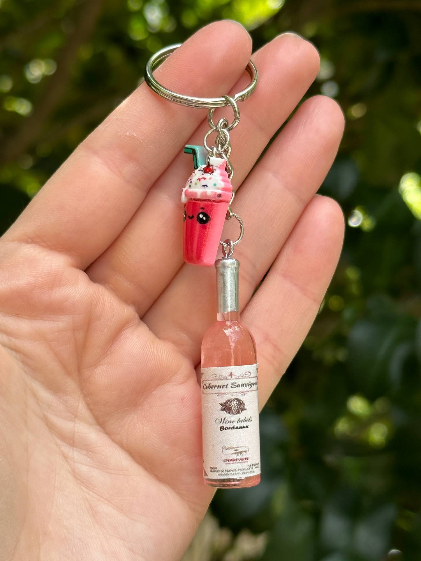 mini pink wine bottle keychain with cup and dessert charms gift for wine lovers