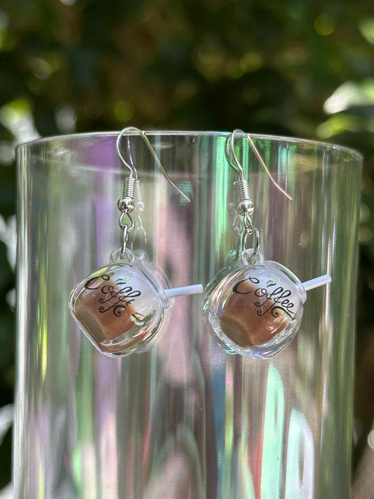 Mini coffee cup dangle earrings – café-inspired resin jewelry for boutiques and coffee-themed gifts.