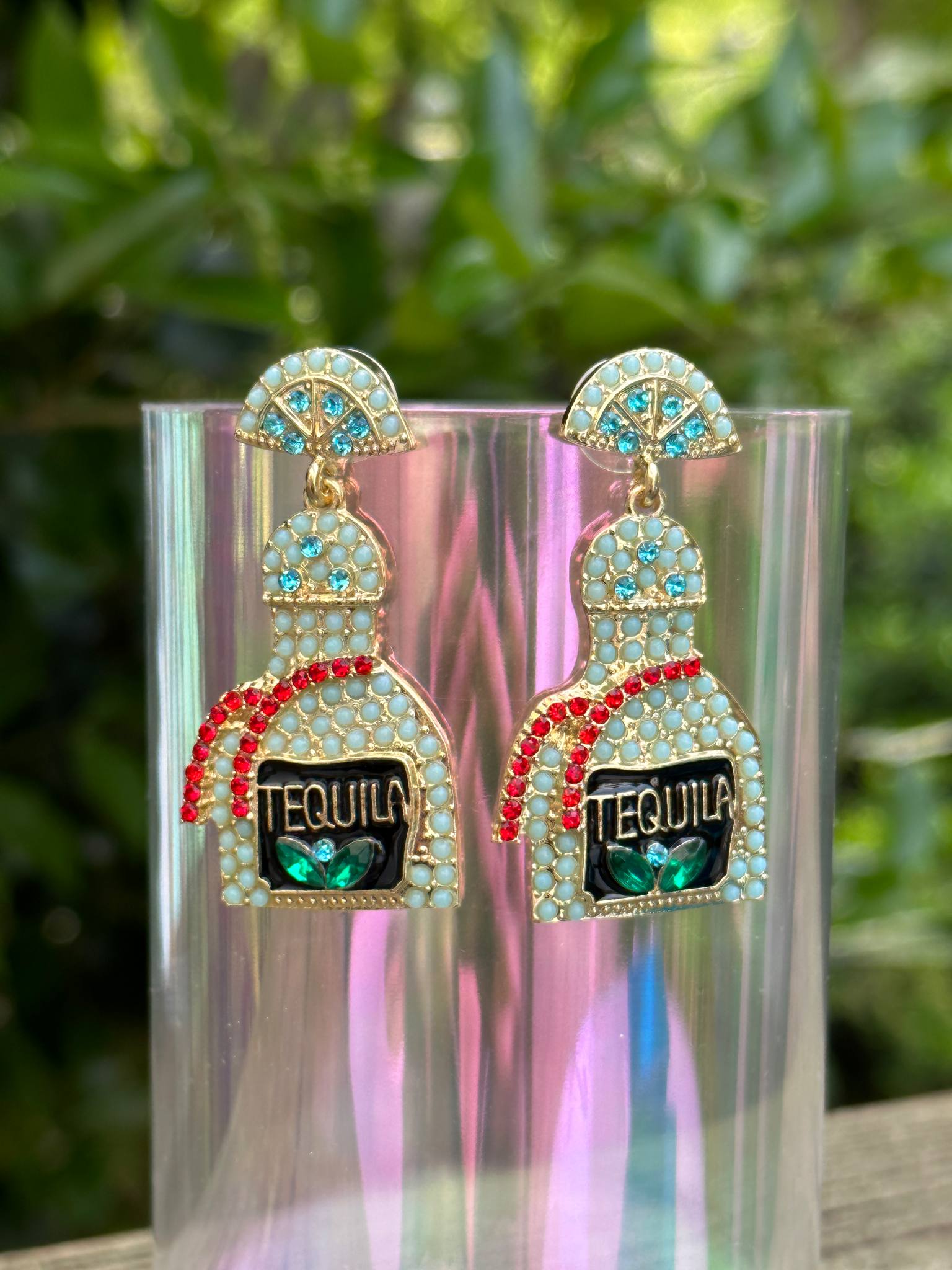 blue rhinestone tequila bottle earrings fun statement jewelry for party