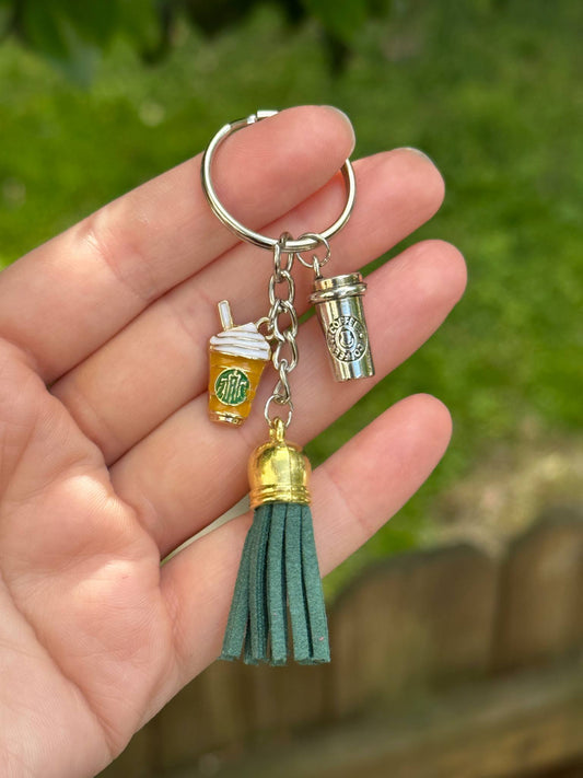 starbucks inspired coffee and ice cream charm keychain with leather tassel