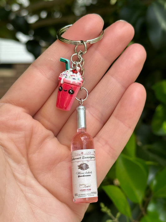 mini pink wine bottle keychain with cup and dessert charms gift for wine lovers