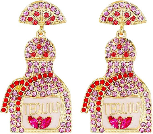 Tequila earring Rhinestone & Bottle -Pink