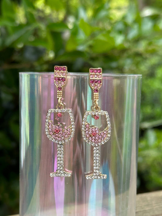 pink rhinestone wine glass earrings elegant dangle jewelry gift for wine lovers