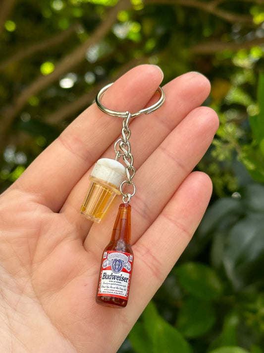 mini Budweiser bottle keychain with beer cup charm fun gift for beer lovers
