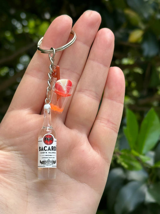 handmade bacardi carta blanca keychain with drink charm gift for rum lovers