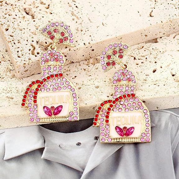 Tequila earring Rhinestone & Bottle -Pink