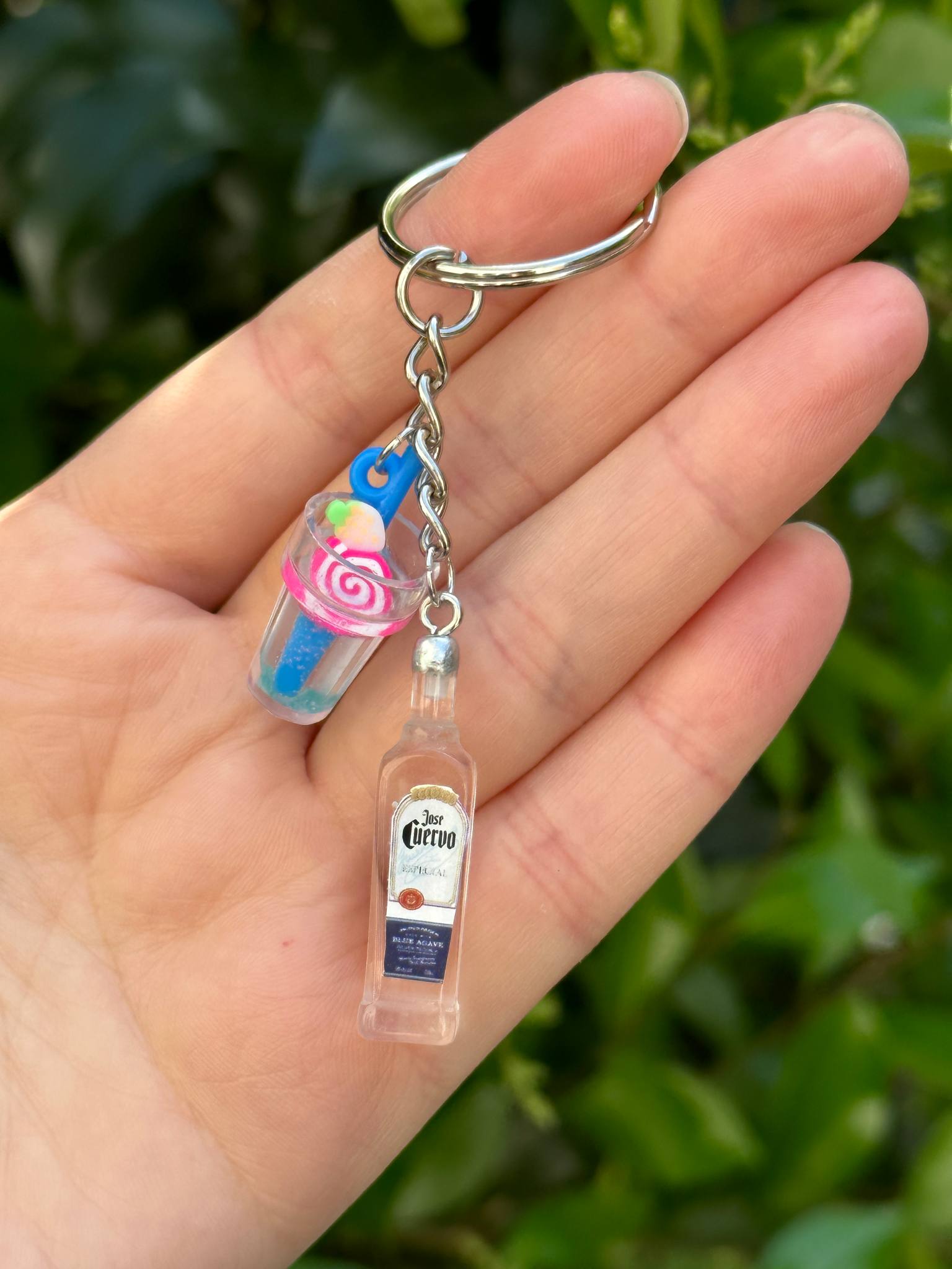 mini Jose Cuervo tequila keychain with silver cocktail cup charm fun gift