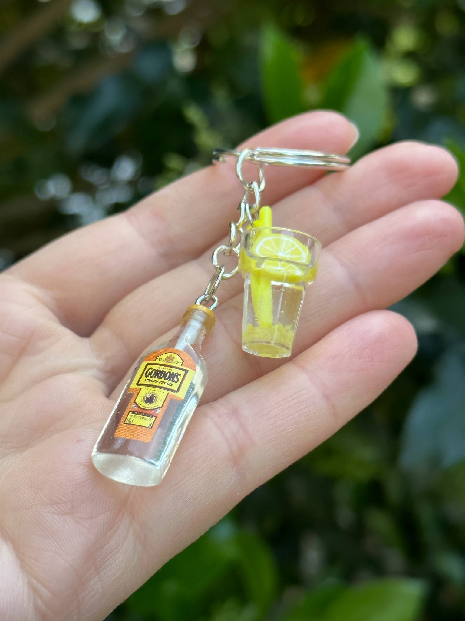 mini Gordon’s gin bottle keychain with drink cup charms novelty gin gift