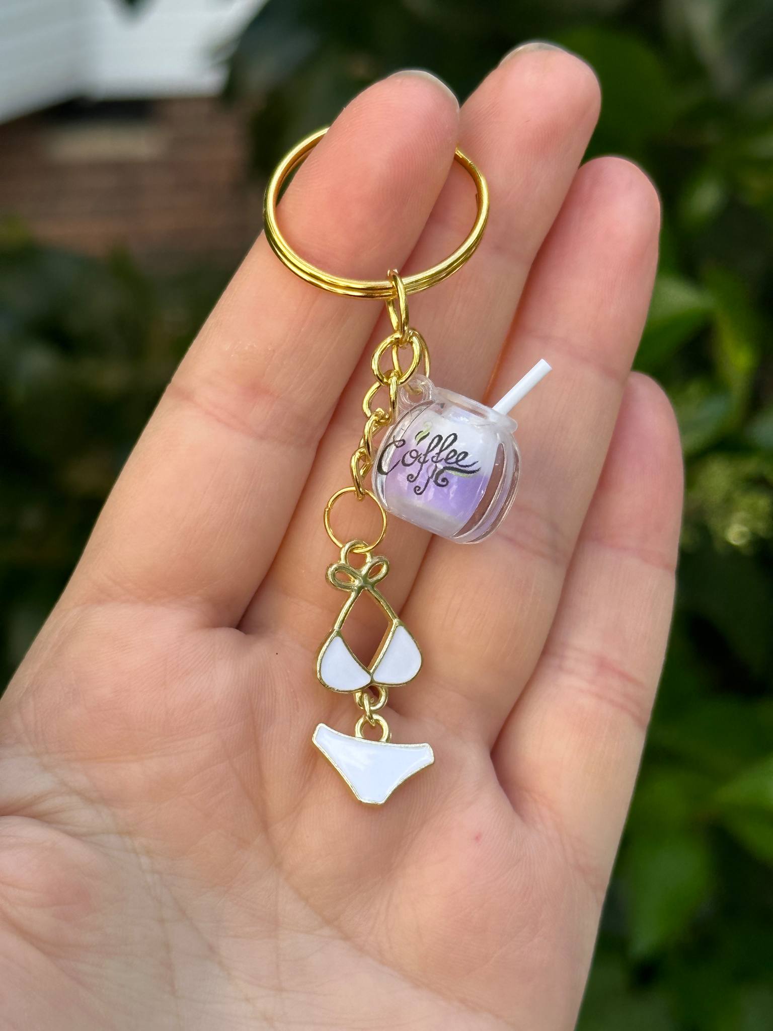 coffee cup keychain with bikini charm fun trendy accessory gift