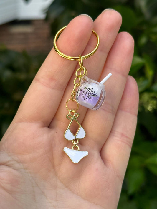 coffee cup keychain with bikini charm fun trendy accessory gift
