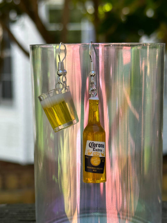 mini Corona beer bottle and cup earrings fun party drink-themed resin jewelry