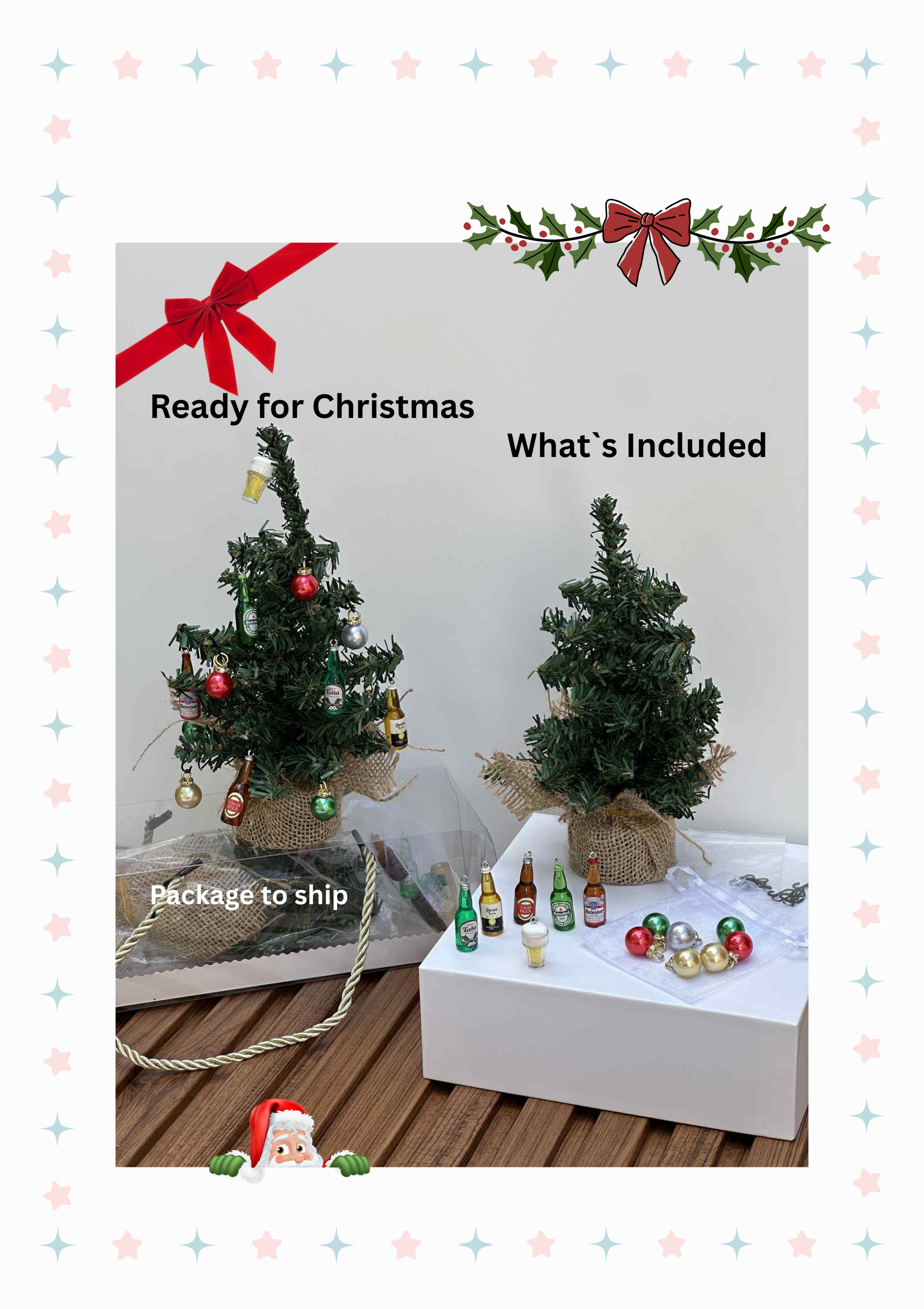 Two small Christmas trees with decorations on a white background, labeled 'Ready for Christmas'.