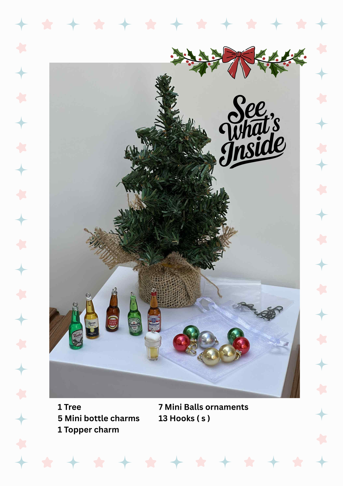 Small Christmas tree with decorations on a table, including bottles and ornaments, with text 'See What's Inside' above.
