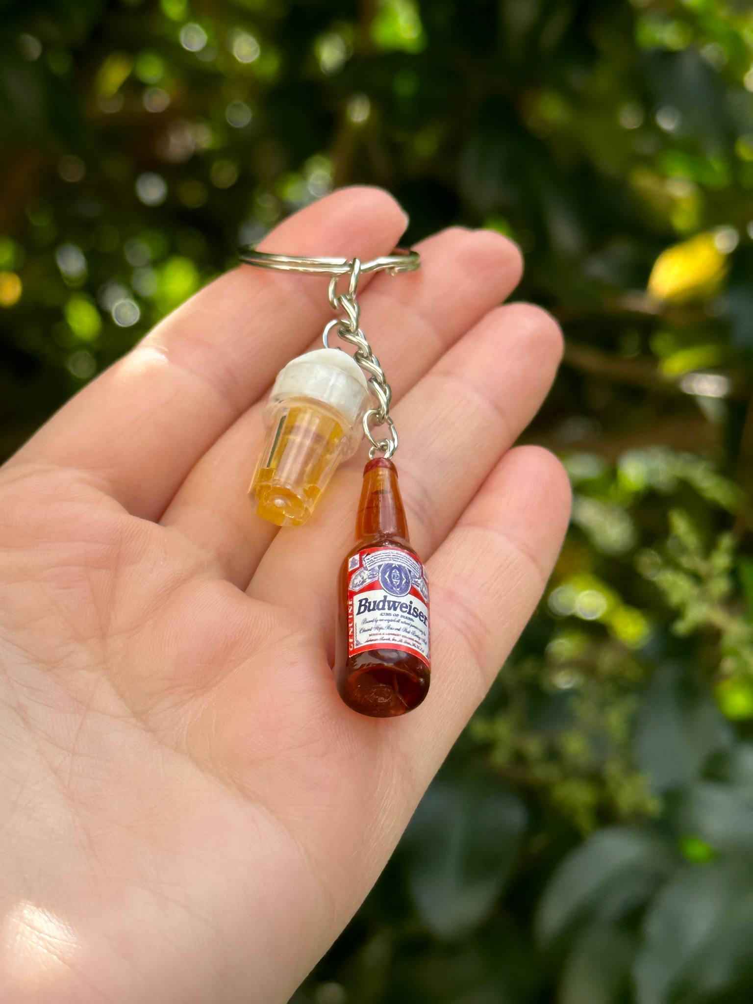 mini Budweiser bottle keychain with beer cup charm fun gift for beer lovers