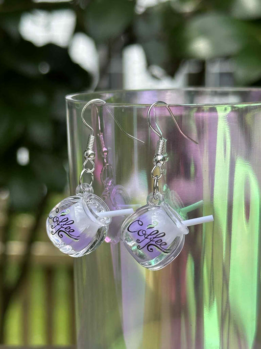 Mini coffee cup dangle earrings – café-inspired resin jewelry for boutiques and coffee-themed gifts.