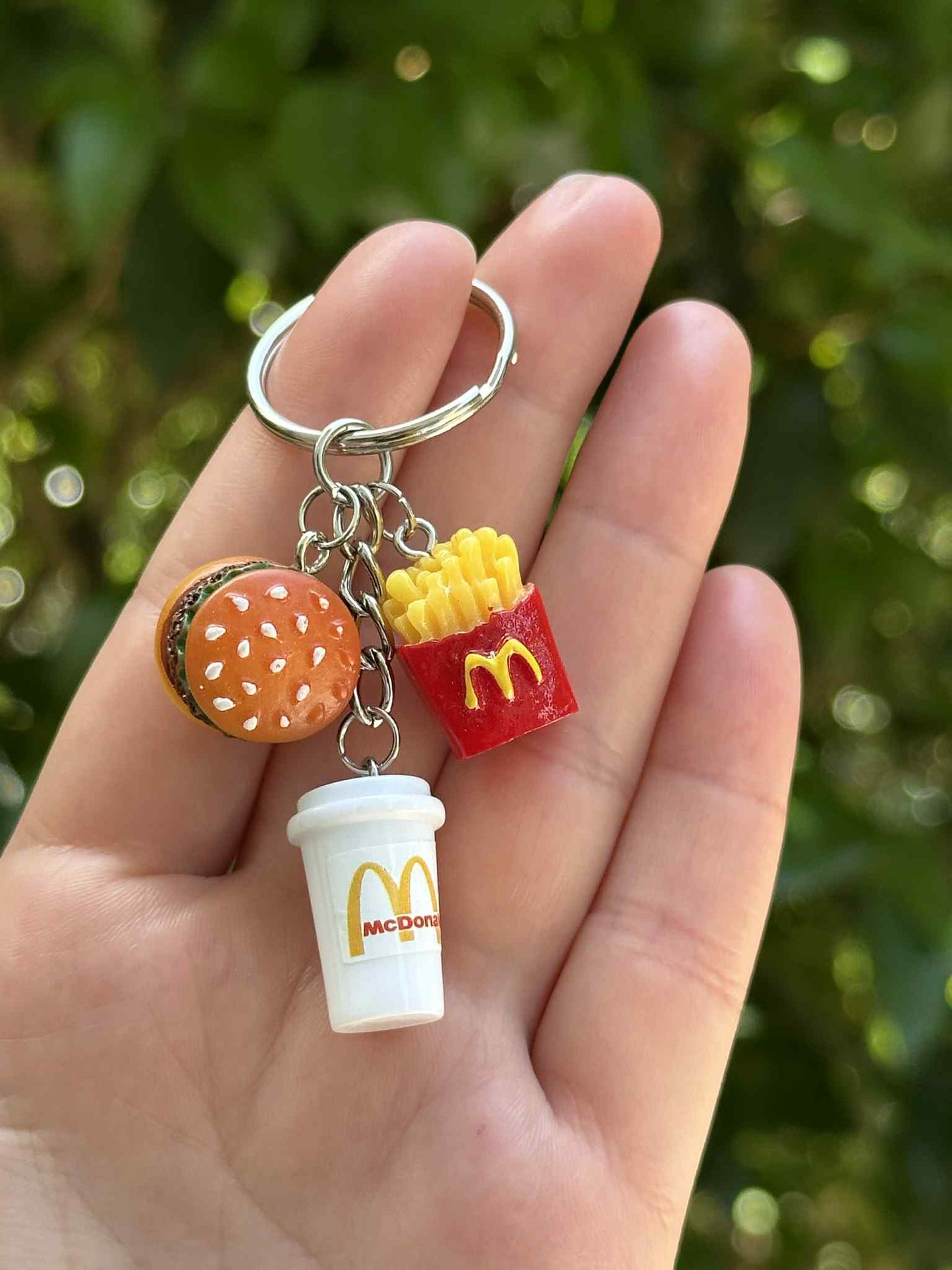 Mini fast food keychain set with hamburger, fries, and soda charms