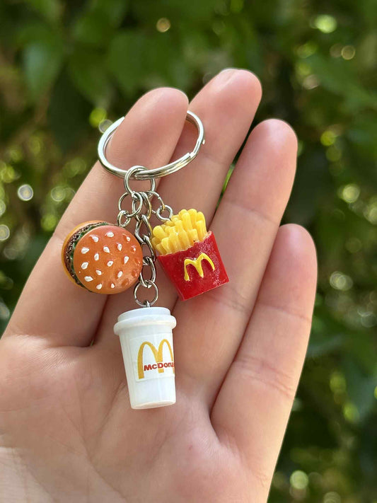 Mini fast food keychain set with hamburger, fries, and soda charms