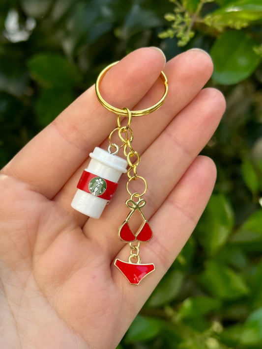 coffee cup keychain with red bikini charm starbucks inspired fun gift