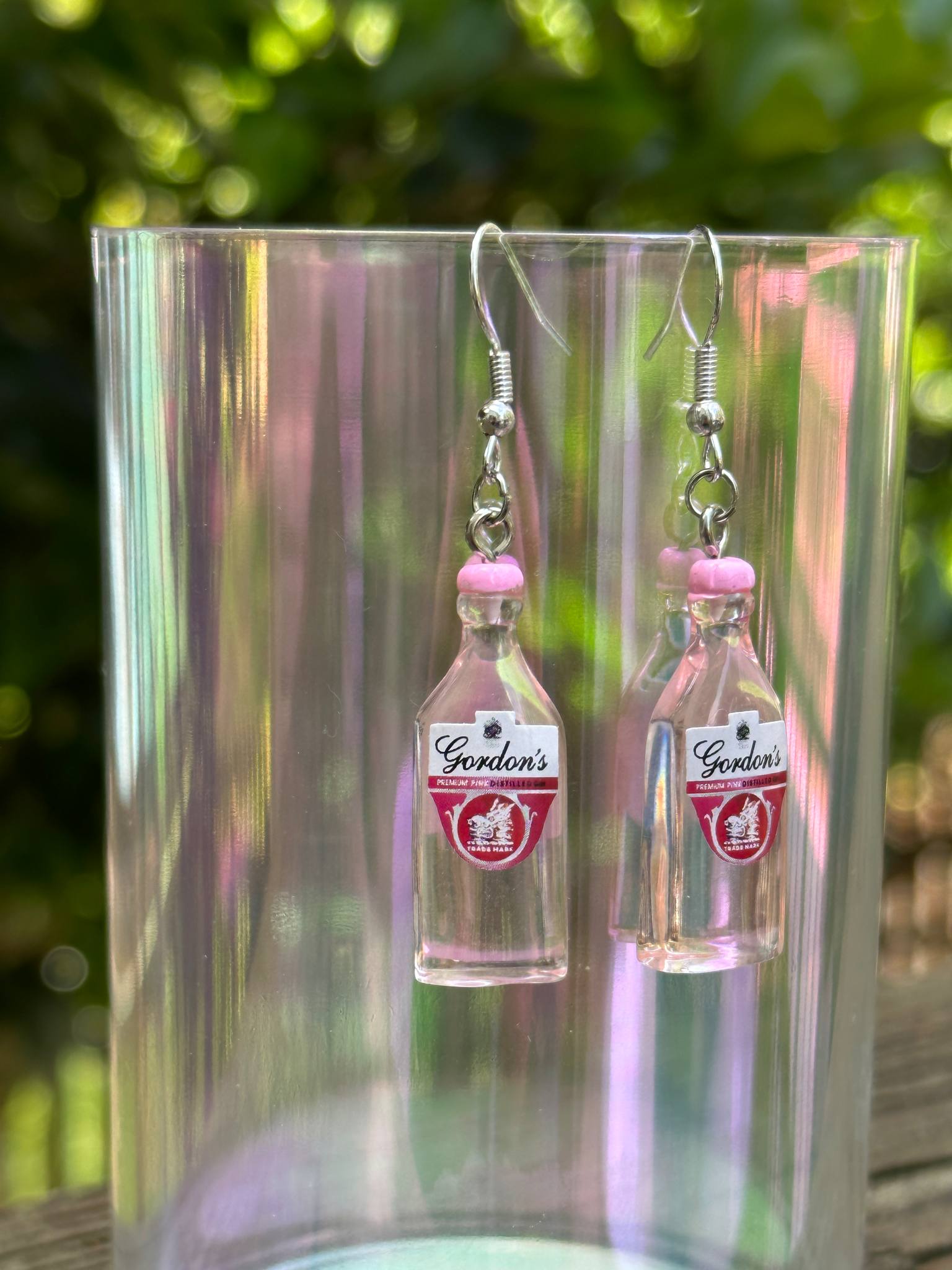 mini Gordon’s pink gin earrings resin handmade jewelry for gin lovers