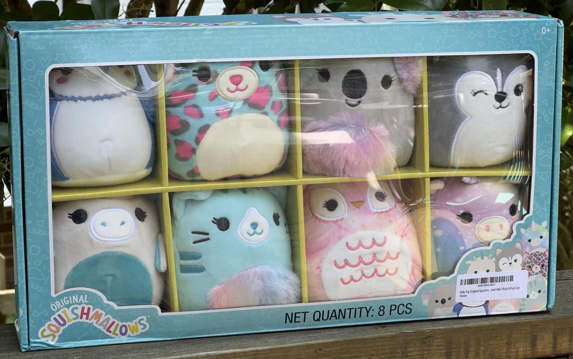 Box of Squishmallows plush toys with various designs on a wooden surface.