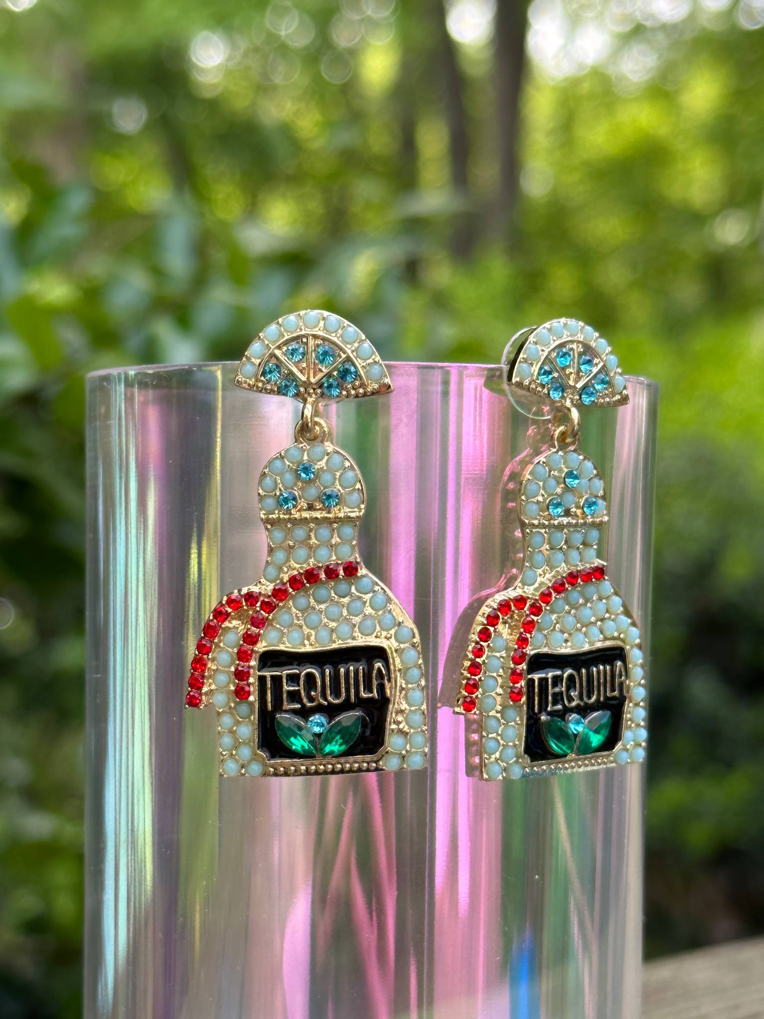 blue rhinestone tequila bottle earrings fun statement jewelry for party