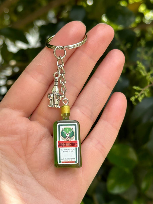mini Jägermeister keychain with cocktail glass charm for liquor lovers