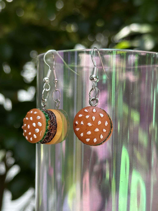 Acrylic hamburger charm earrings – quirky novelty dangle jewelry for retailers and boutiques.