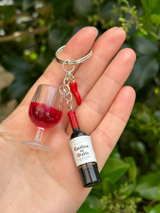 oversized wine bottle keychain set with wine glass earrings and red pepper charm gift