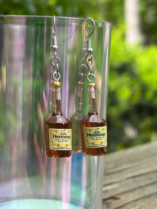 mini Hennessy cognac bottle earrings resin handmade dangle jewelry