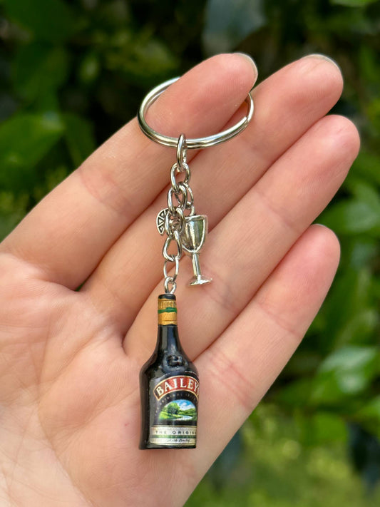 mini baileys bottle keychain with cocktail glass charm fun gift for liqueur lovers