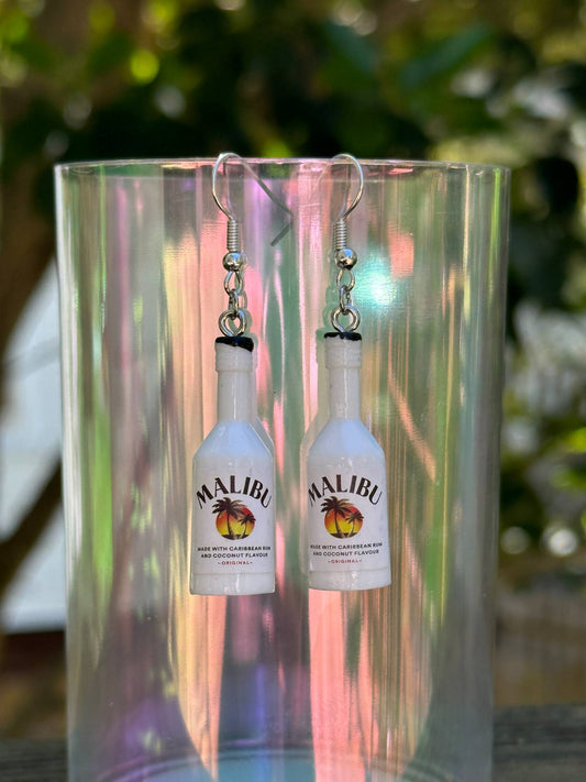 mini Malibu rum bottle earrings tropical drink-themed jewelry handmade gift