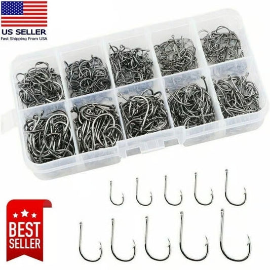 Assorted fishing hooks in a clear plastic box with a 'Best Seller' label and American flag on a white background.